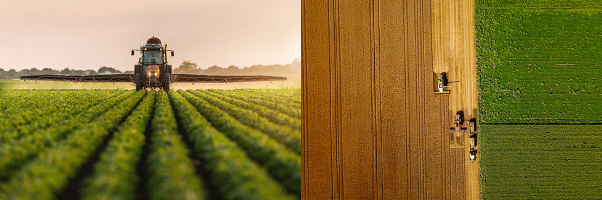 split screen of tractor in a field straight on and above