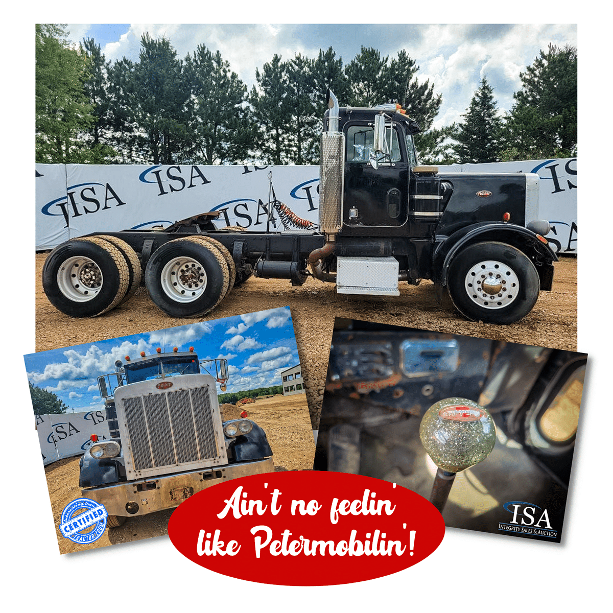 Collage of photos of a black Peterbilt 359 day cab semi truck at an auction