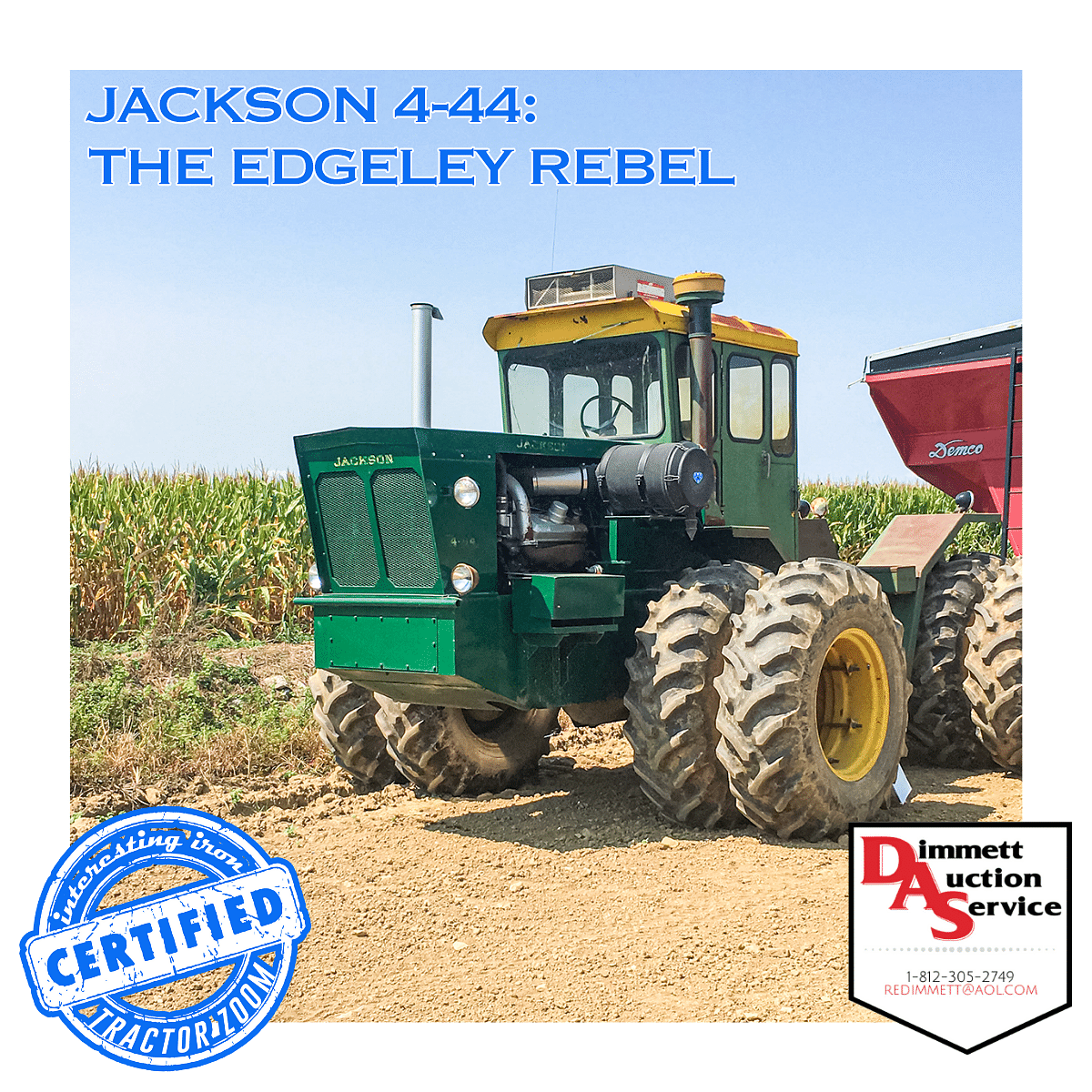 angled front photo of a Jackson 4-44 tractor at auction sitting in front of a cornfield on a sunny summer day