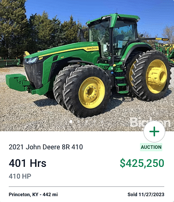 2021 John Deere 8R 410 Auction Card